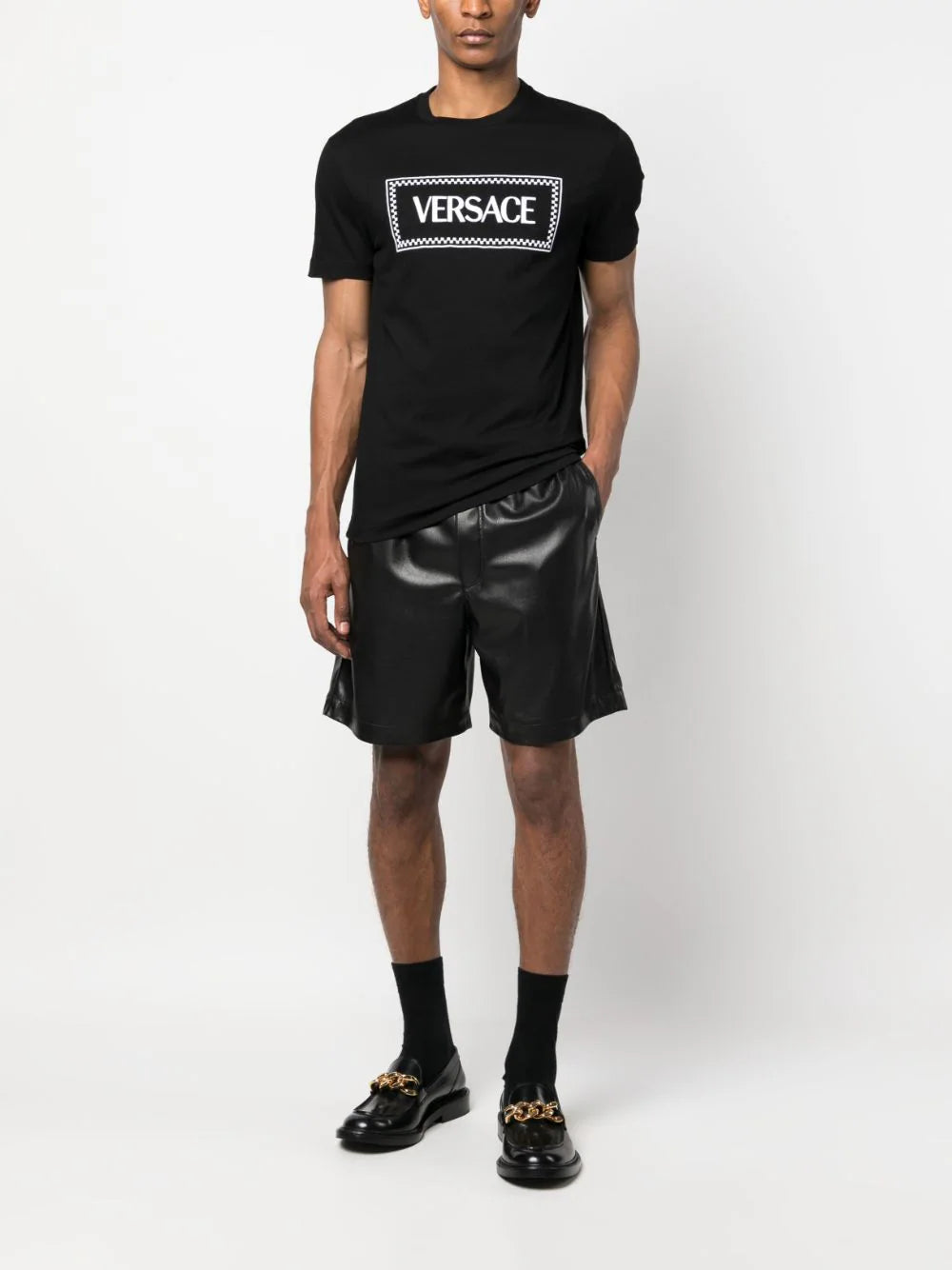 Versace Black Embroidered Checkered Logo T-shirt