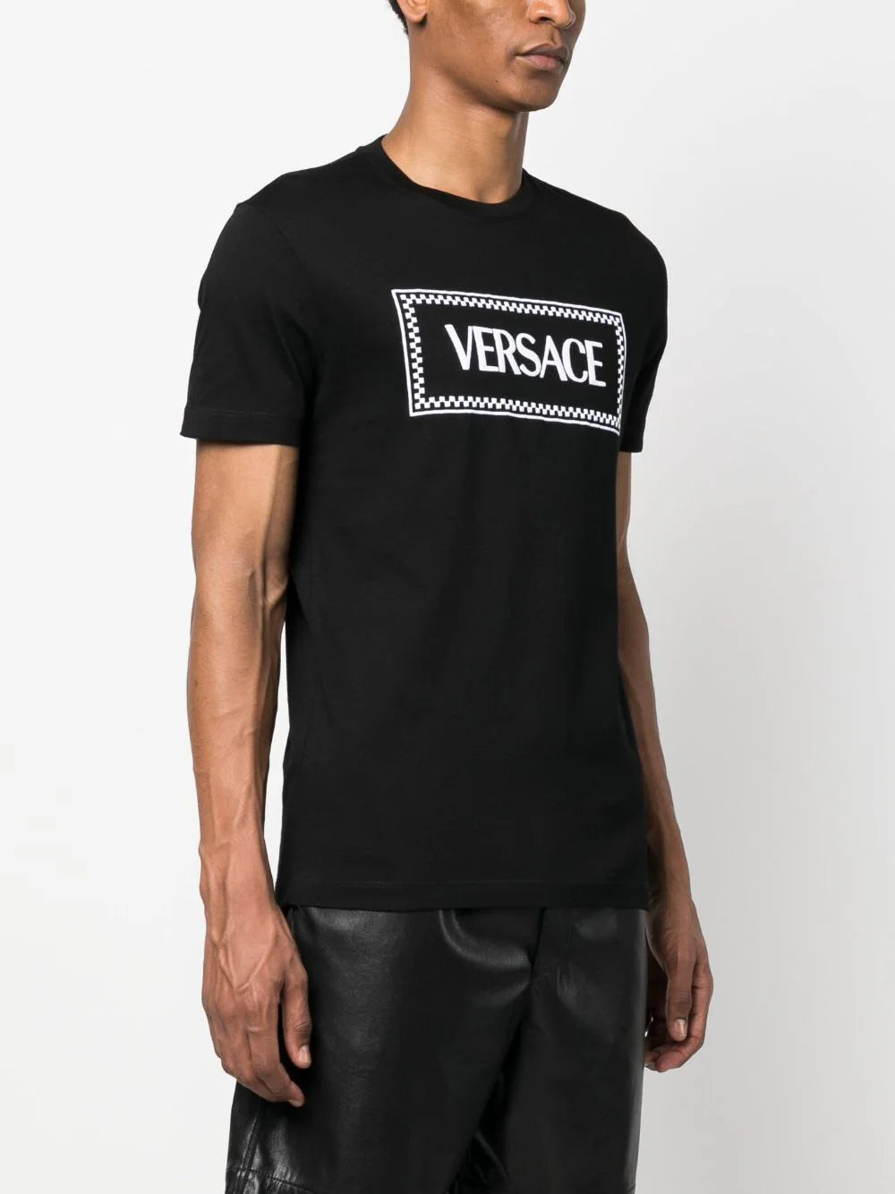 Versace Black Embroidered Checkered Logo T-shirt