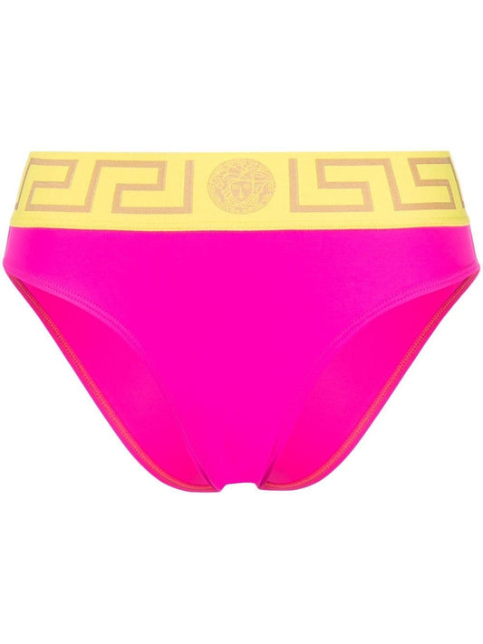 Versace Fuchsia & Canary Yellow Trim Greek Key Swim Bikini Bottom