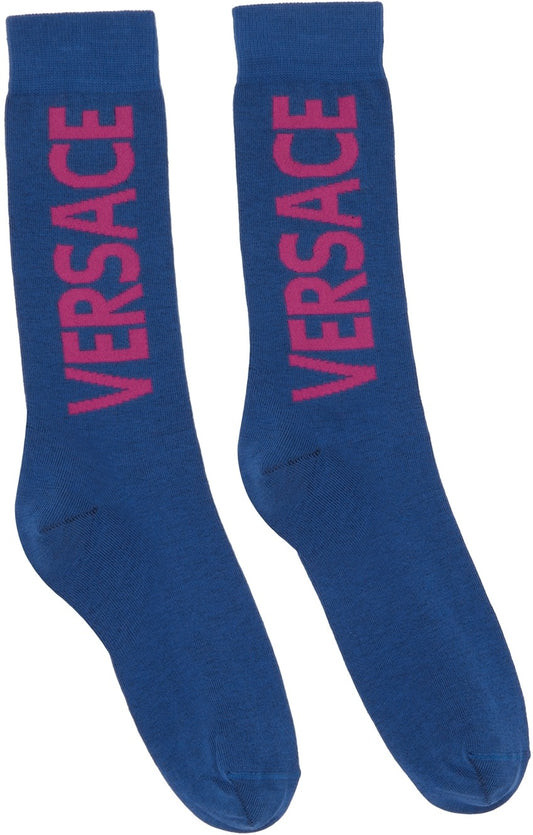 Versace Blue Vertical Logo Socks