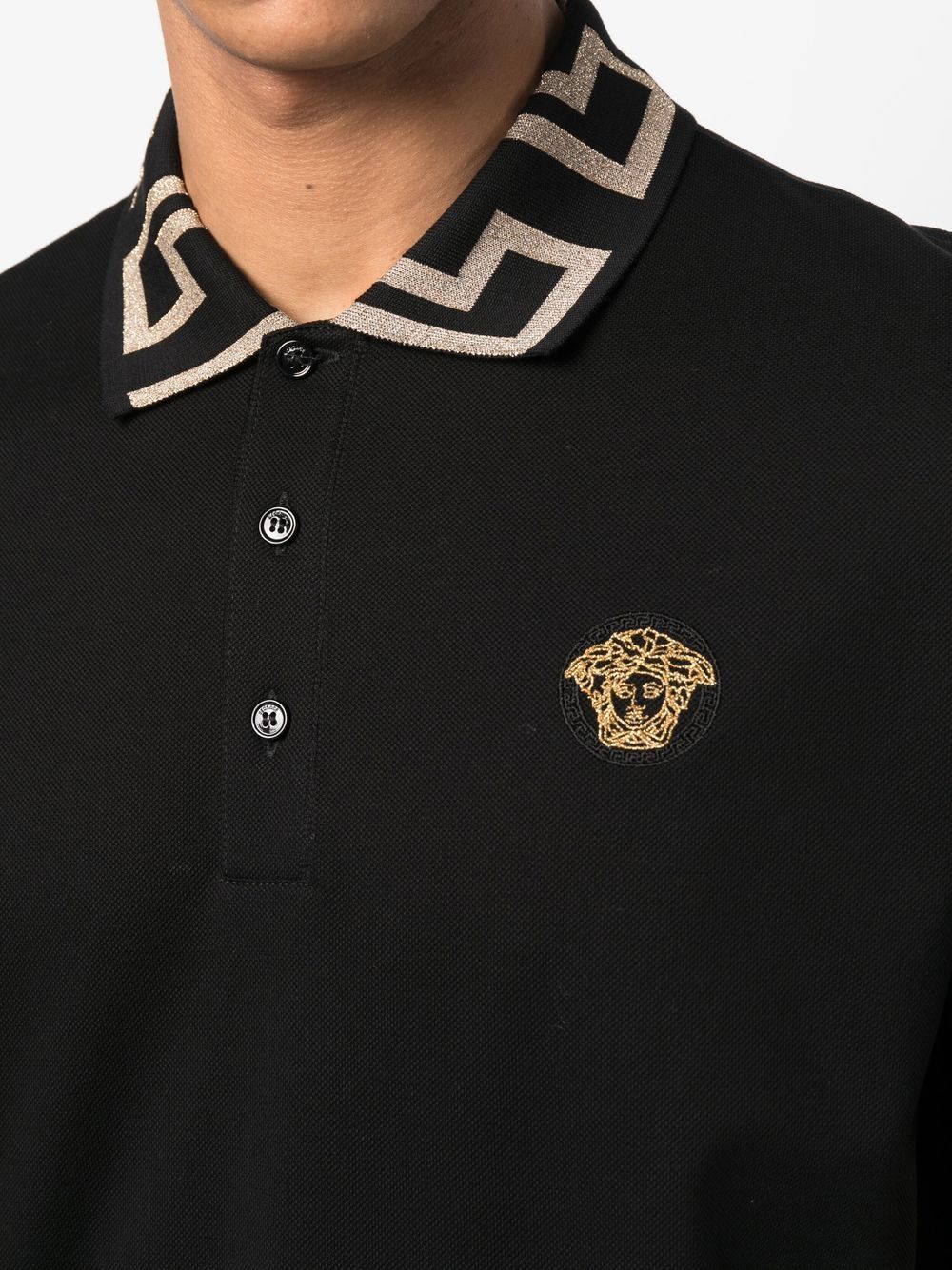 Versace Black Polo with Medusa and Gold Lurex Greek Key Collar