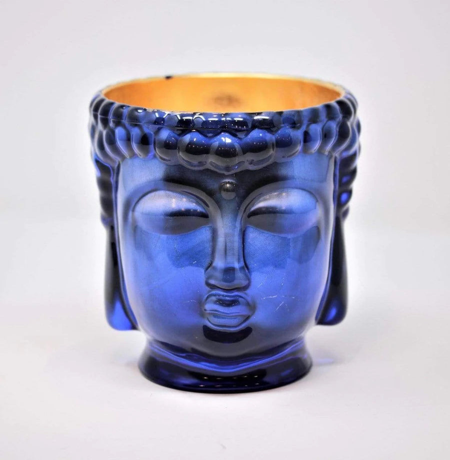 Sapphire Blue Glass Buddha Candle Lined with 24K Gold